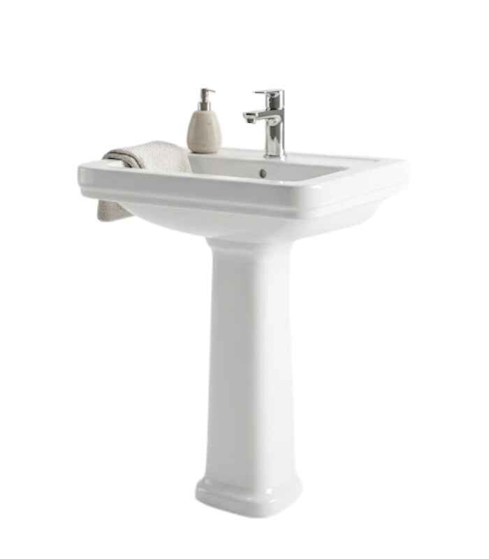 Floor-standing basin with a full or half pedestal hiding the plumbing.